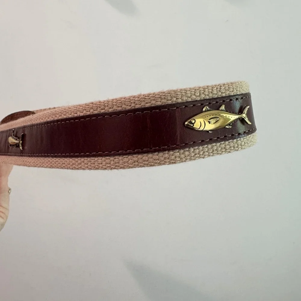 Brighton Nautical Canvas Leather Belt Brass Marlin Tuna‎ Fish  Brown Tan 44